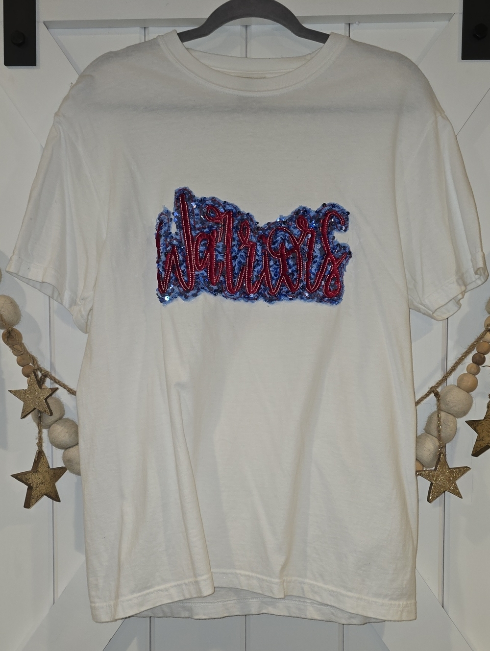Warriors White Comfort Colors Tee with Red Sequin Script and Blue Sequin Outline